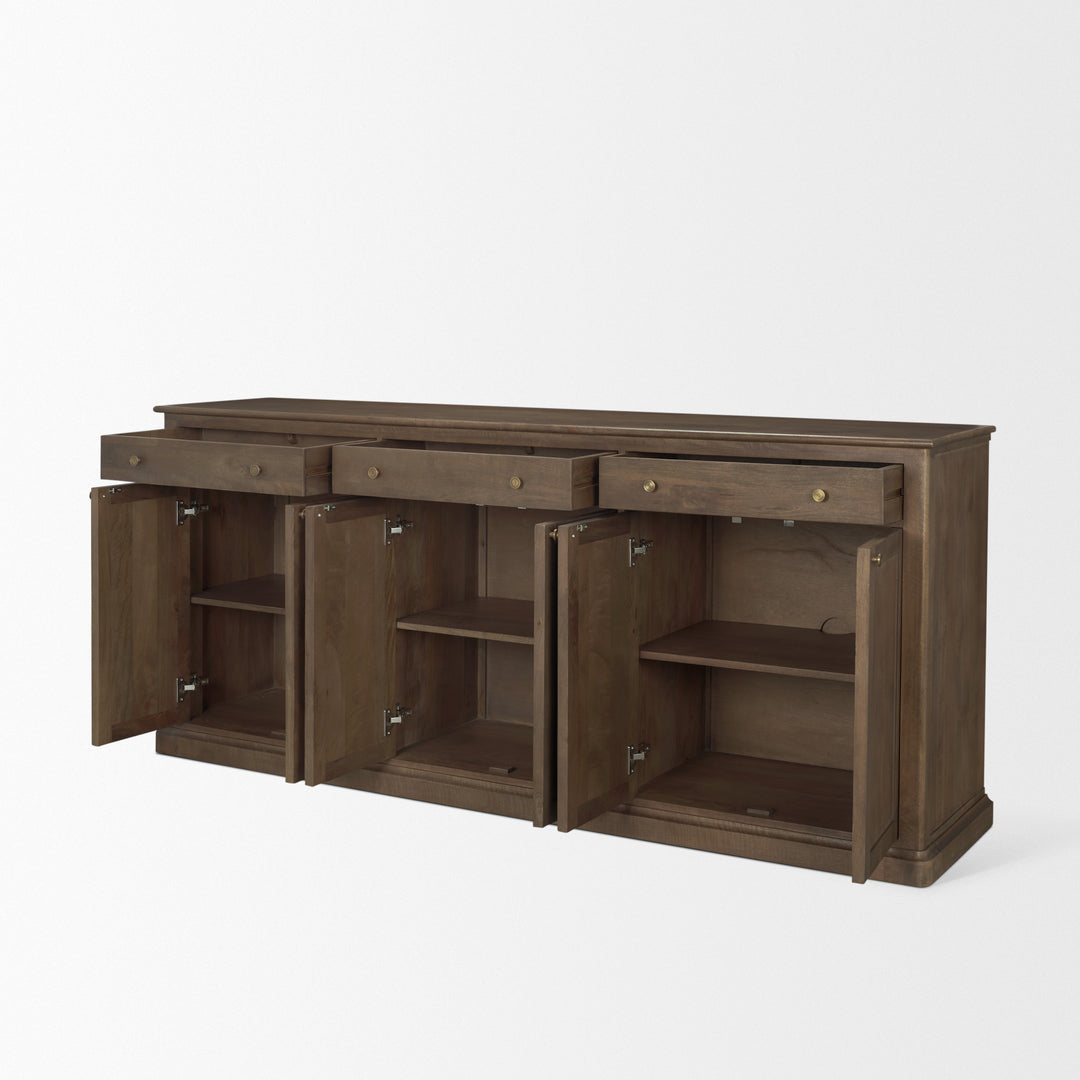 Baron Dark Brown Solid Wood w/ Antiqued Aged Brass Knobs 3-Drawer 6-Door Sideboard Dining Room Mercana
