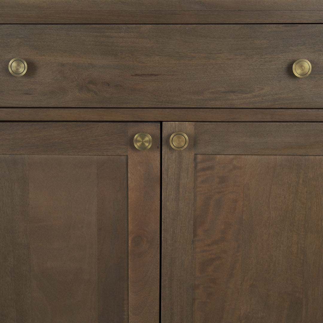 Baron Dark Brown Solid Wood w/ Antiqued Aged Brass Knobs 3-Drawer 6-Door Sideboard Dining Room Mercana