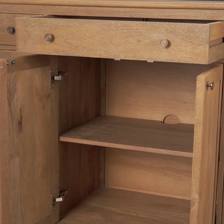Baron Light Brown Solid Wood w/ Antiqued Brass Knobs 3-Drawer 6-Door Sideboard Dining Room Mercana