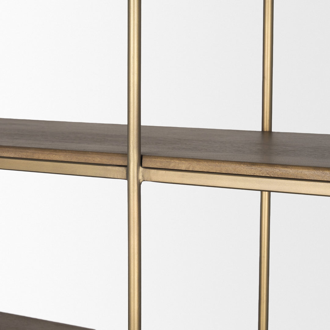 Baron 4-Door Dark Brown Wood w/ Antique Brass Metal Open Shelving Unit Living Room Mercana