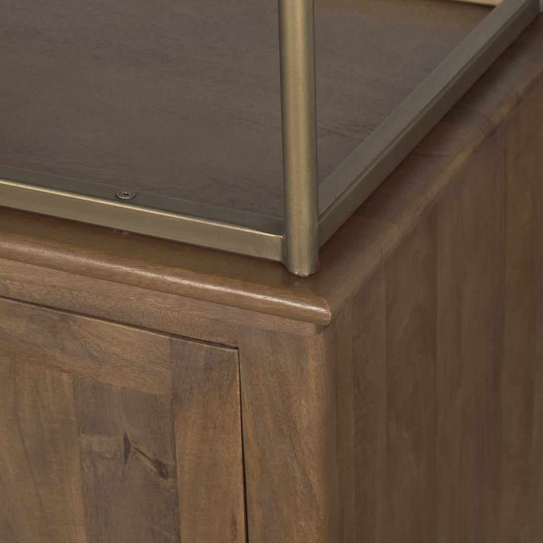 Baron 4-Door Dark Brown Wood w/ Antique Brass Metal Open Shelving Unit Living Room Mercana