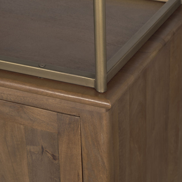 Baron 4-Door Dark Brown Wood w/ Antique Brass Metal Open Shelving Unit Living Room Mercana
