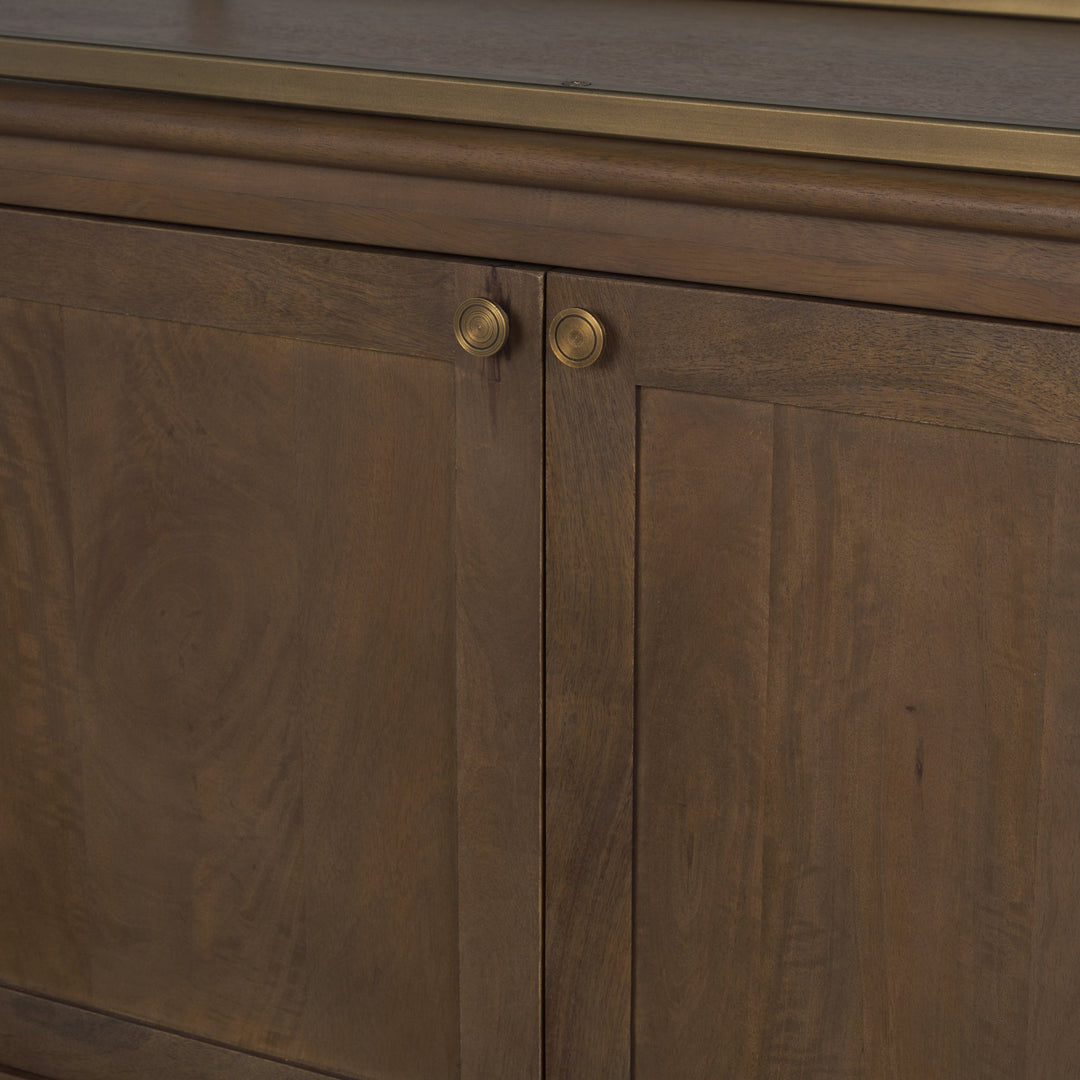 Baron 4-Door Dark Brown Wood w/ Antique Brass Metal Open Shelving Unit Living Room Mercana