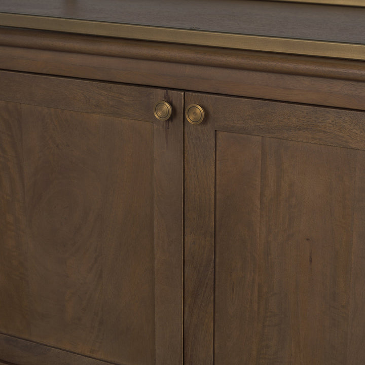 Baron 4-Door Dark Brown Wood w/ Antique Brass Metal Open Shelving Unit Living Room Mercana