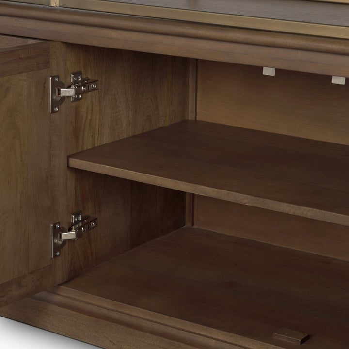 Baron 4-Door Dark Brown Wood w/ Antique Brass Metal Open Shelving Unit Living Room Mercana