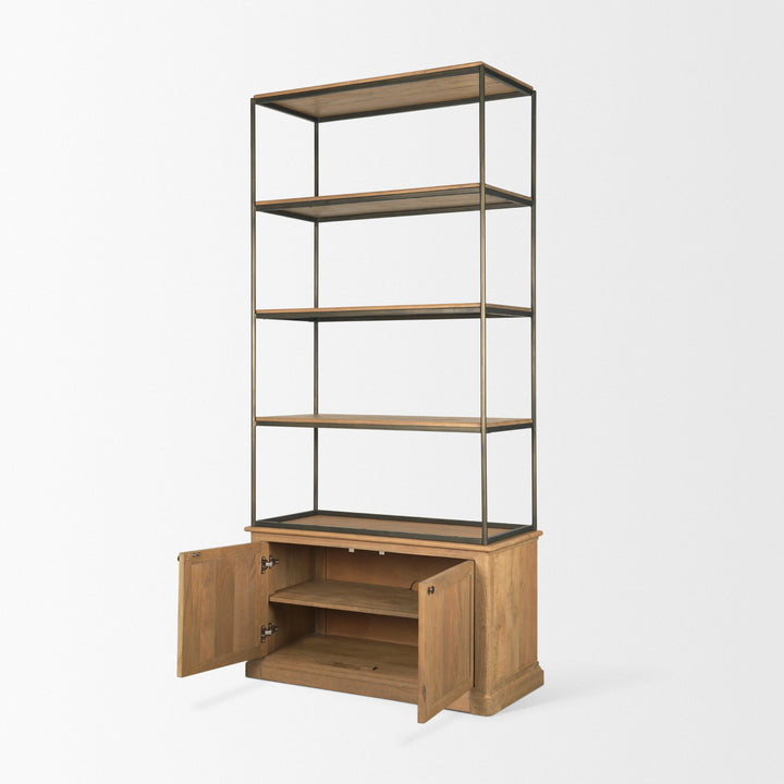 Baron Light Brown Wood w/ Gunmetal 2-Door Open Shelving Unit Living Room Mercana