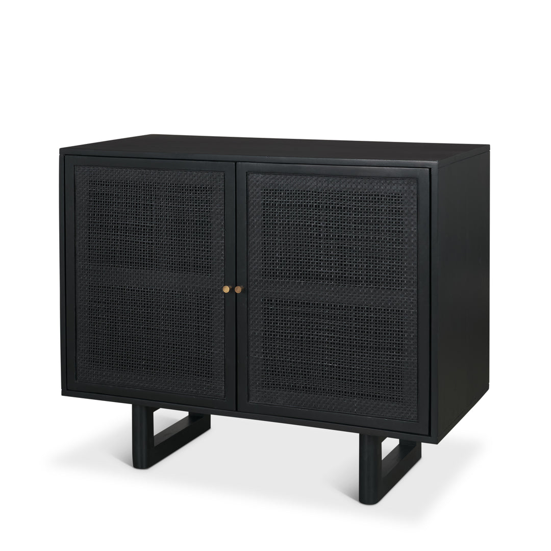 Grier Matte Black Stained Wood w/ Black Cane Accent Cabinet Decor Mercana