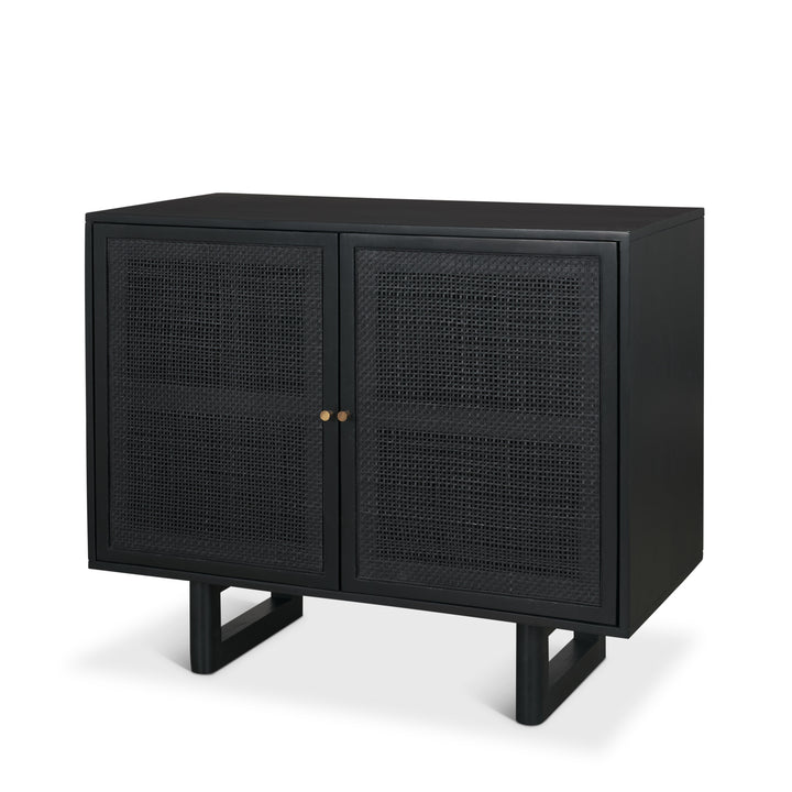 Grier Matte Black Stained Wood w/ Black Cane Accent Cabinet Decor Mercana