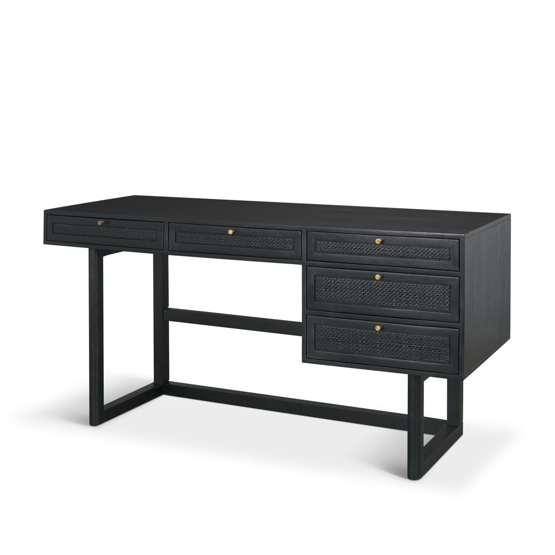 Grier 60" Black Solid Wood W/ Black Cane Office Desk Home Office Mercana