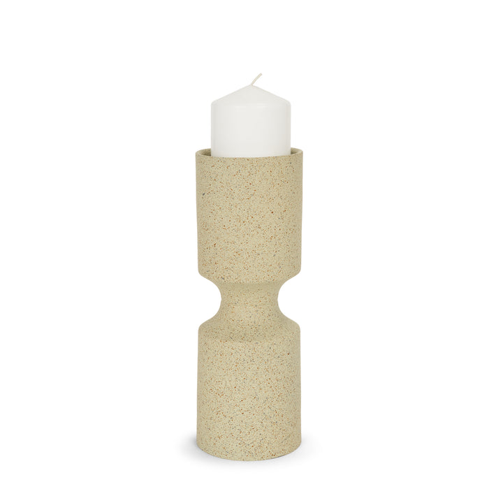 Akira Small Textured Beige Metal Pillar Candle Holder Decor Mercana
