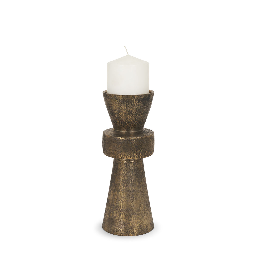 Odilia Small Textured Antiqued Gold Metal Geometric Pillar Candle Holder Decor Mercana
