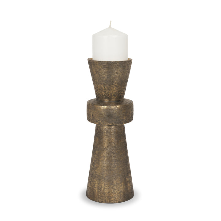 Odilia Large Textured Antiqued Gold Metal Geometric Pillar Candle Holder Decor Mercana