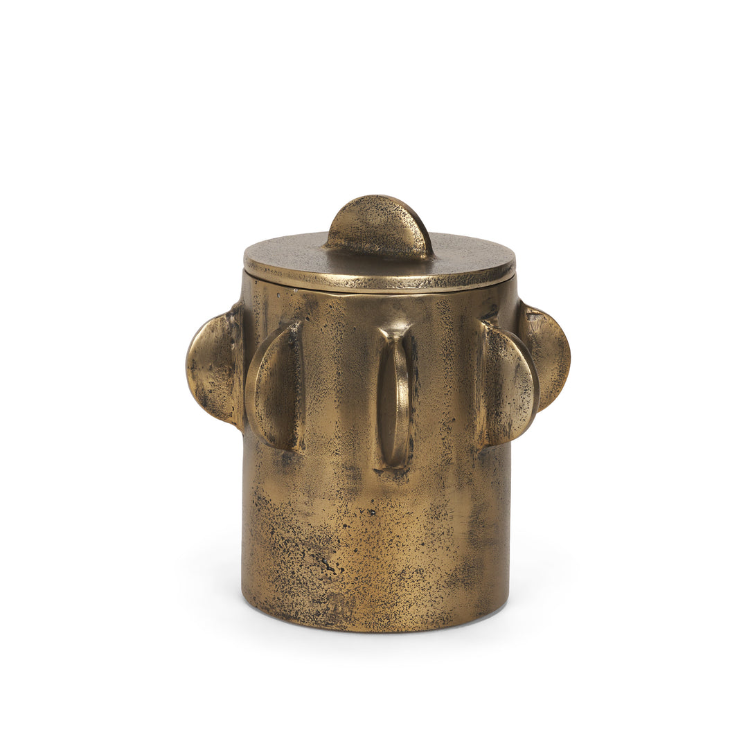 Deacon Small Antiqued Gold Metal Canister with Sculptural Handles Decor Mercana