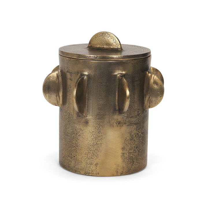 Deacon Large Antiqued Gold Metal Canister with Sculptural Handles Decor Mercana