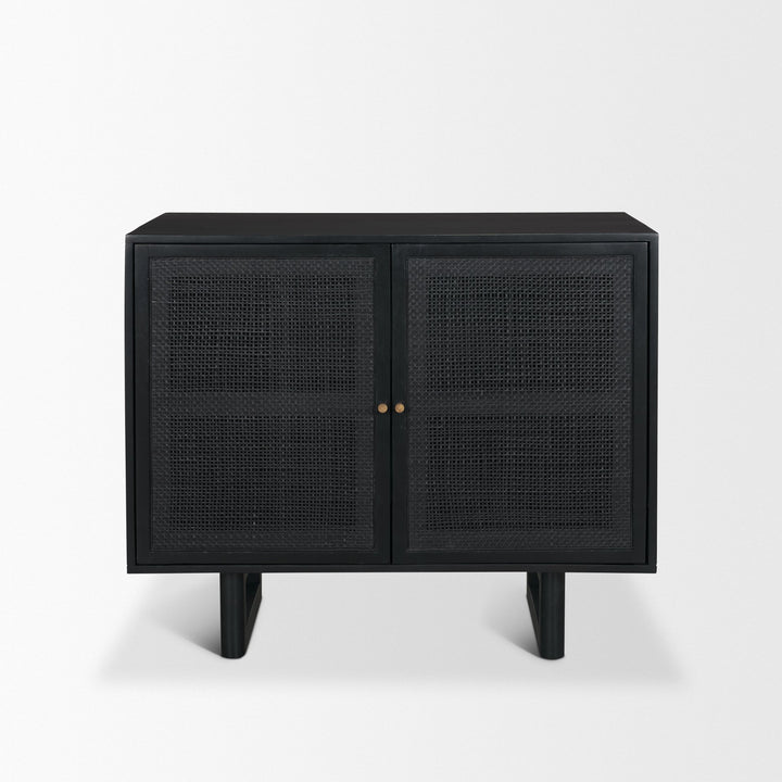 Grier Matte Black Stained Wood w/ Black Cane Accent Cabinet Decor Mercana