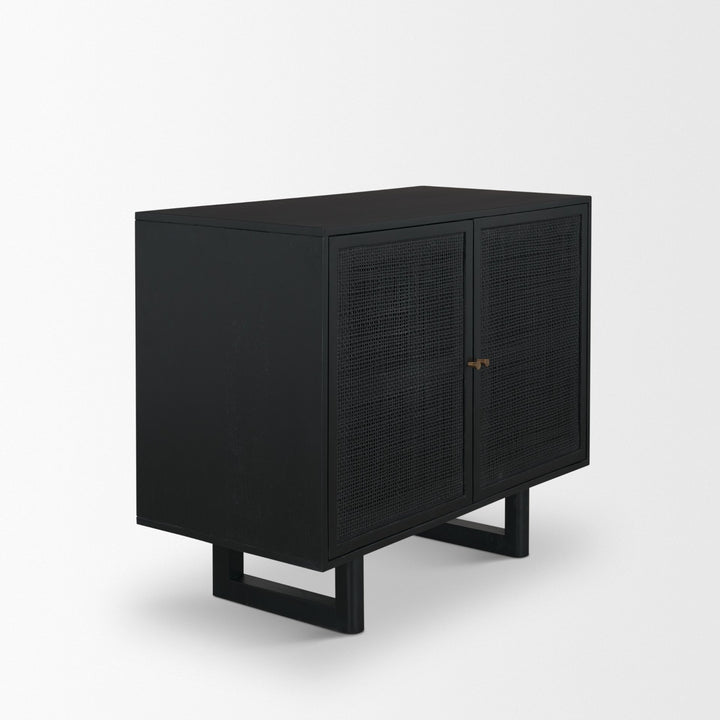 Grier Matte Black Stained Wood w/ Black Cane Accent Cabinet Decor Mercana