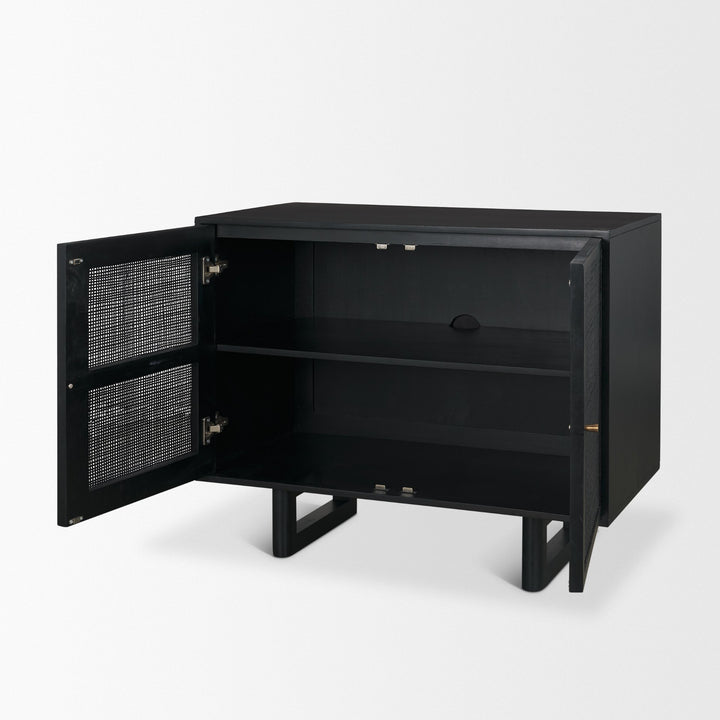 Grier Matte Black Stained Wood w/ Black Cane Accent Cabinet Decor Mercana