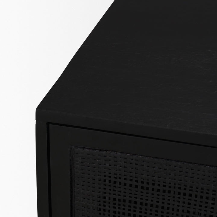 Grier Matte Black Stained Wood w/ Black Cane Accent Cabinet Decor Mercana