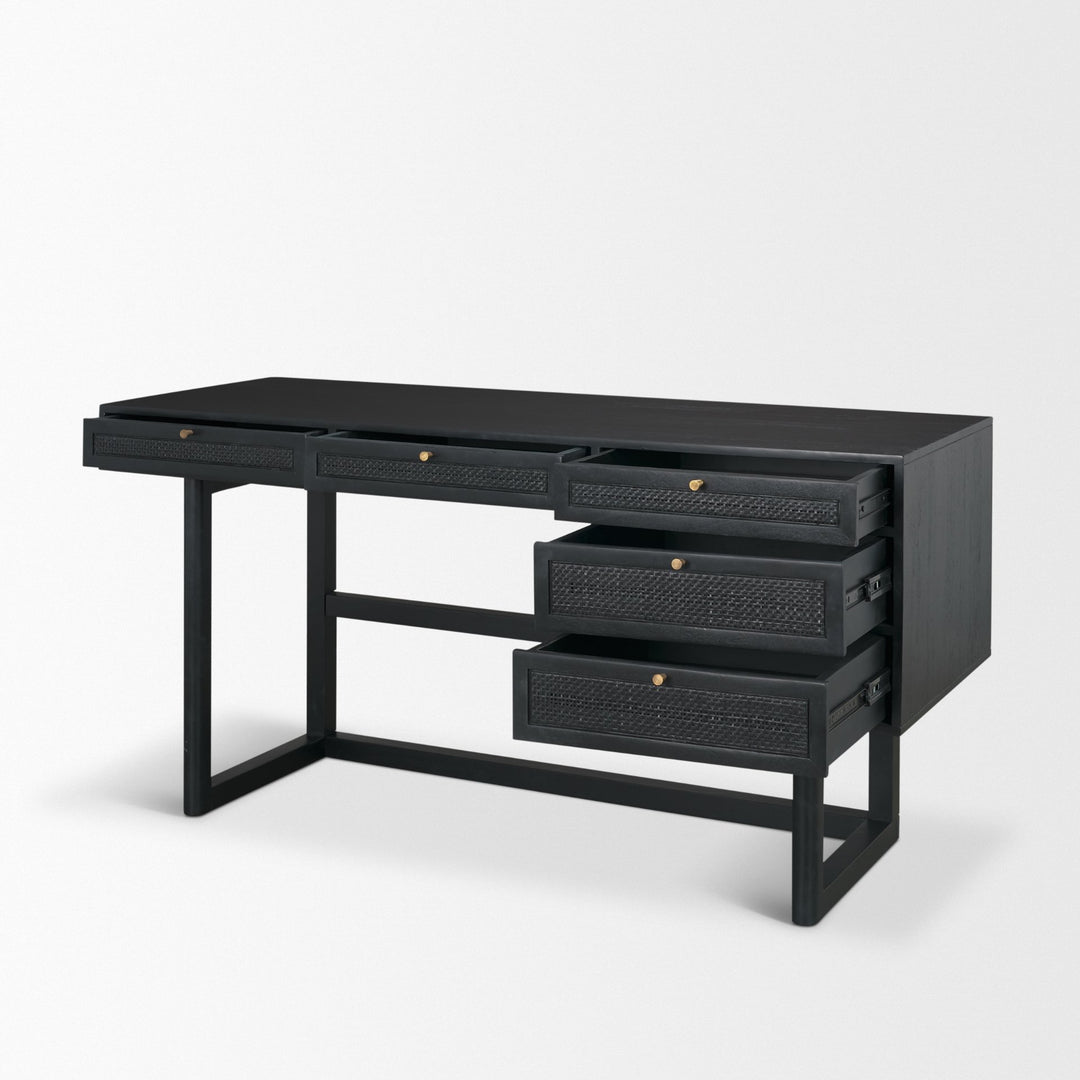 Grier 60" Black Solid Wood W/ Black Cane Office Desk Home Office Mercana