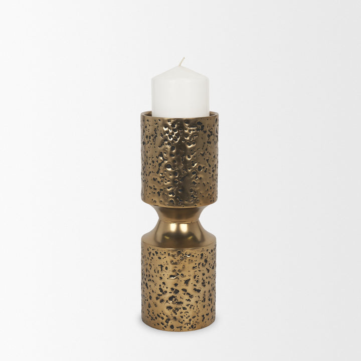 Akira Small Hammered Gold Metal Pillar Candle Holder Decor Mercana
