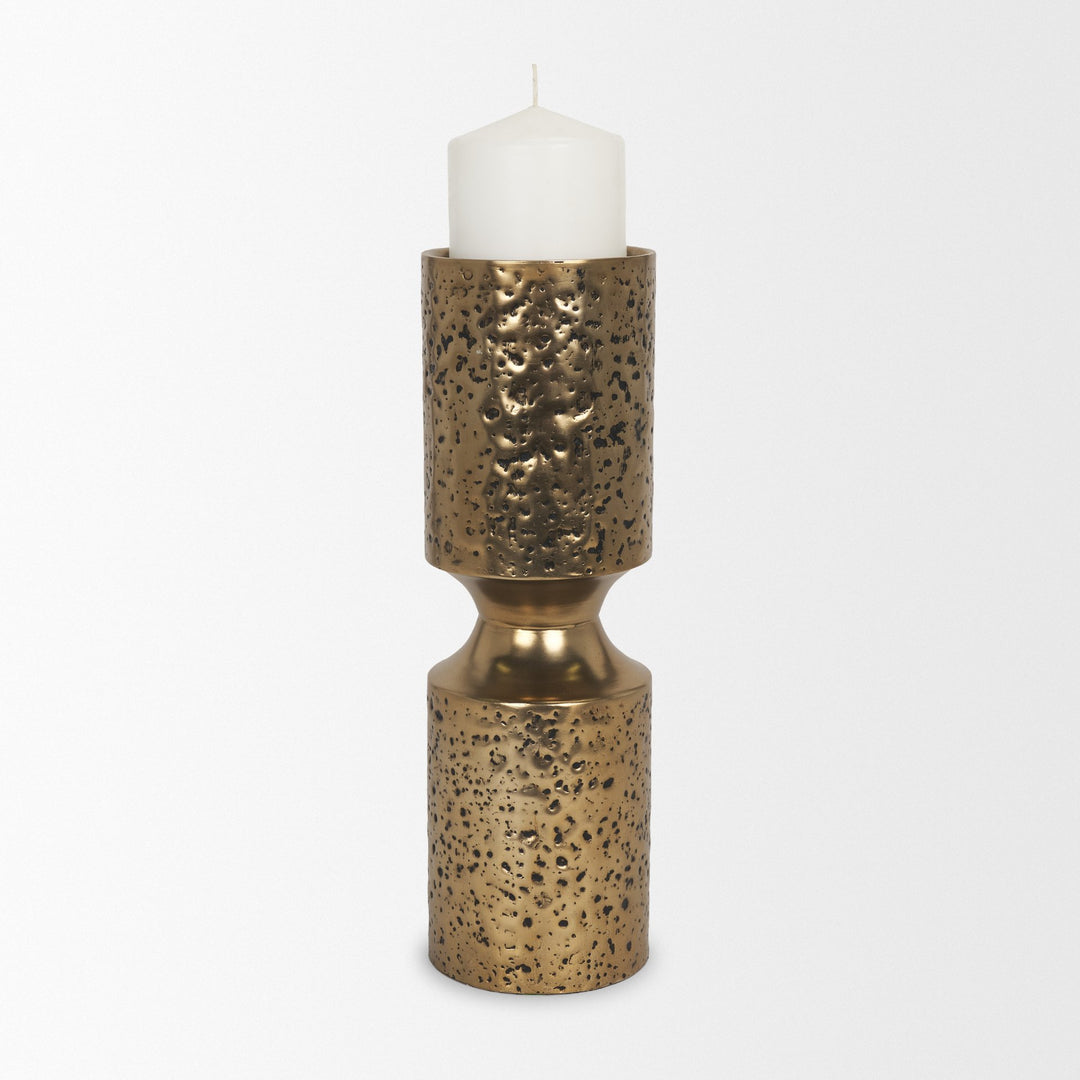 Akira Large Hammered Gold Metal Pillar Candle Holder Decor Mercana