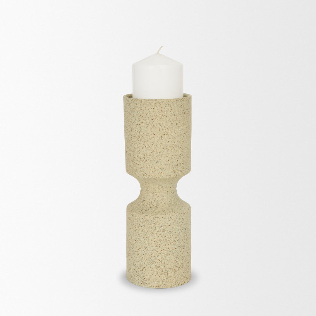 Akira Small Textured Beige Metal Pillar Candle Holder Decor Mercana