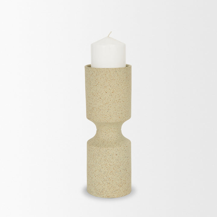 Akira Small Textured Beige Metal Pillar Candle Holder Decor Mercana