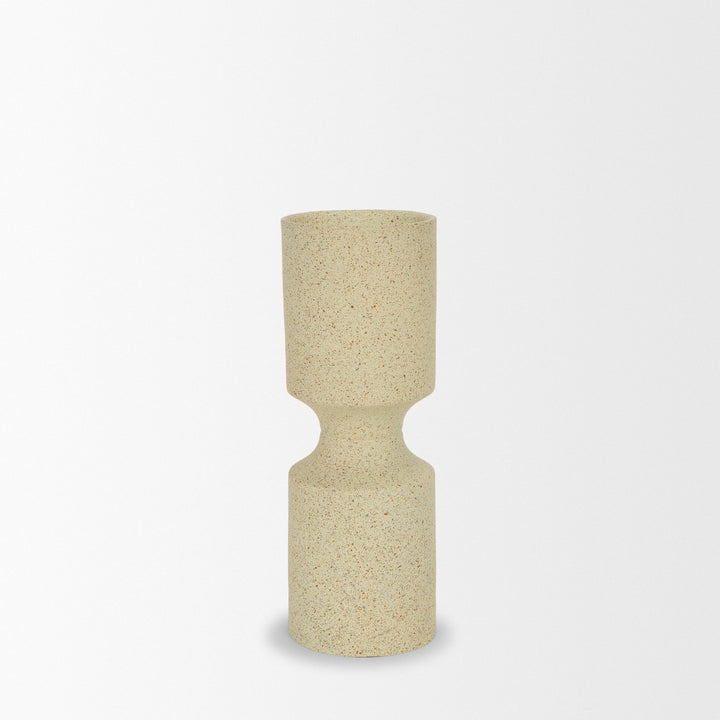 Akira Small Textured Beige Metal Pillar Candle Holder Decor Mercana