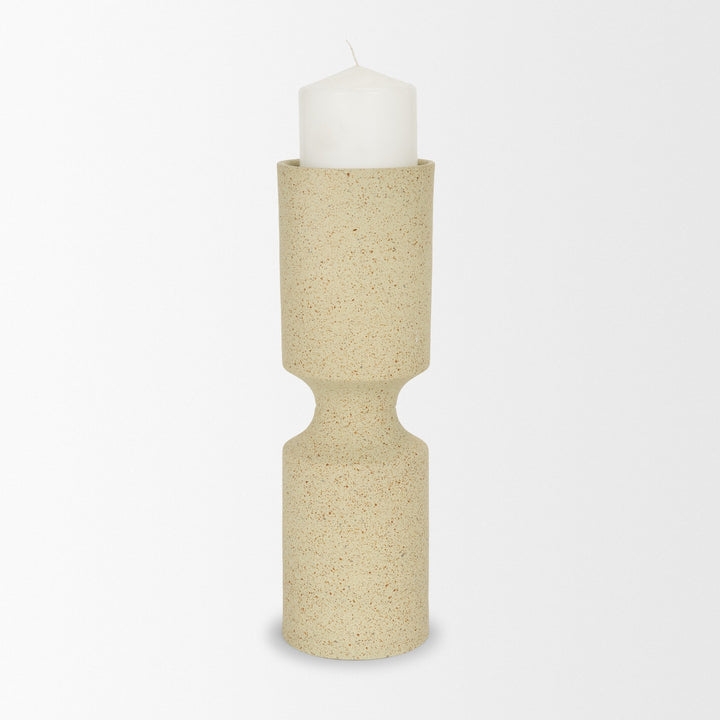 Akira Large Textured Beige Metal Pillar Candle Holder Decor Mercana