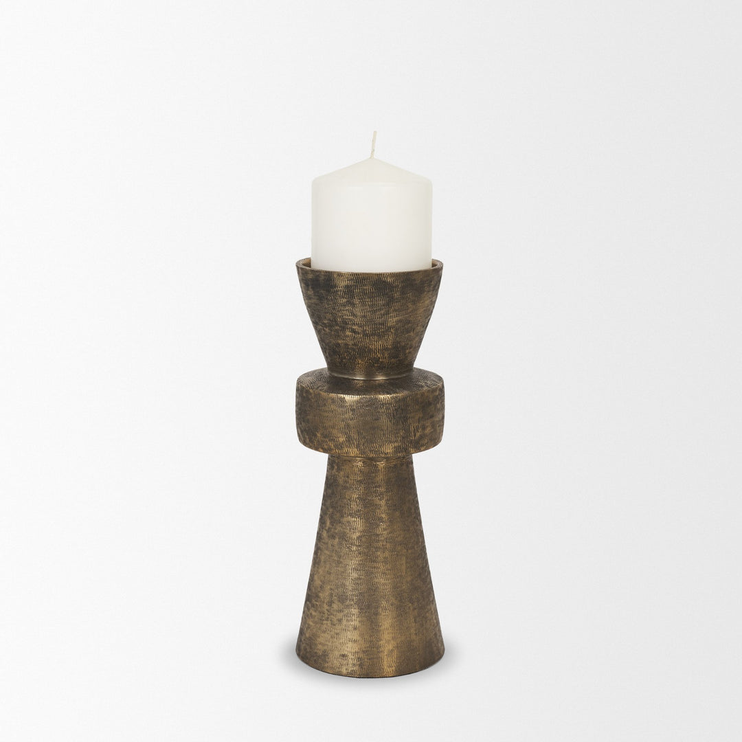 Odilia Small Textured Antiqued Gold Metal Geometric Pillar Candle Holder Decor Mercana
