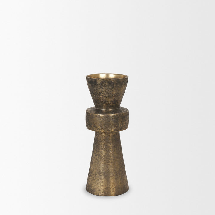 Odilia Small Textured Antiqued Gold Metal Geometric Pillar Candle Holder Decor Mercana
