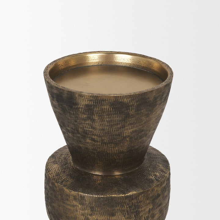 Odilia Small Textured Antiqued Gold Metal Geometric Pillar Candle Holder Decor Mercana