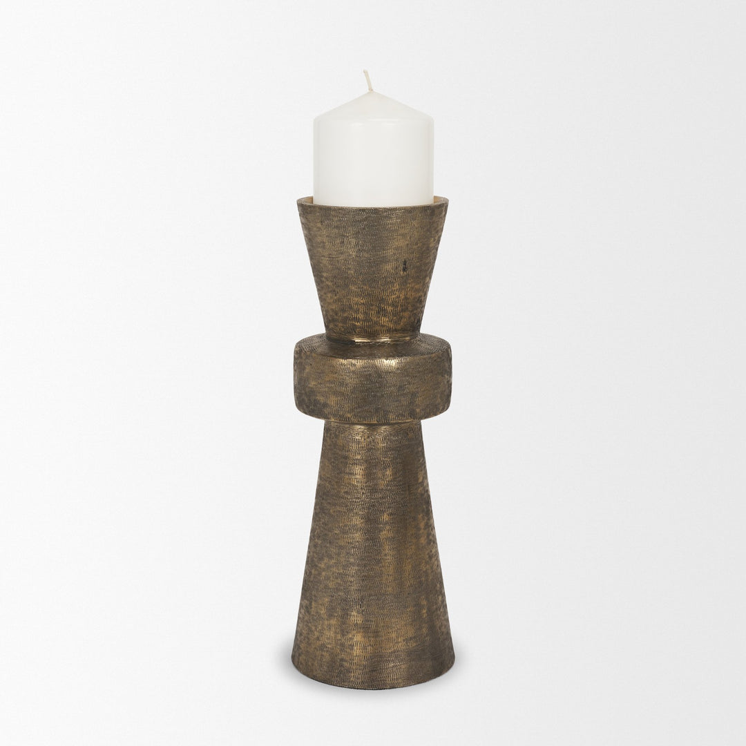 Odilia Large Textured Antiqued Gold Metal Geometric Pillar Candle Holder Decor Mercana