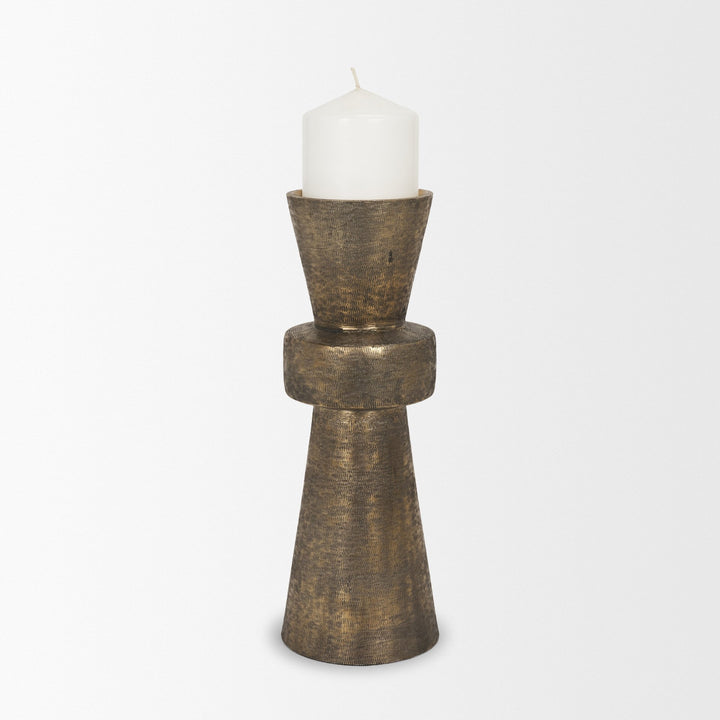 Odilia Large Textured Antiqued Gold Metal Geometric Pillar Candle Holder Decor Mercana