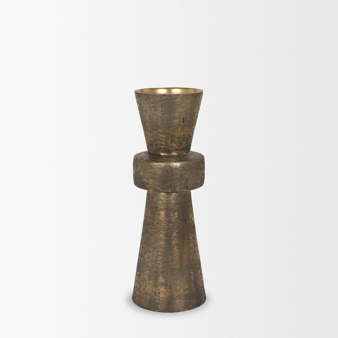Odilia Large Textured Antiqued Gold Metal Geometric Pillar Candle Holder Decor Mercana