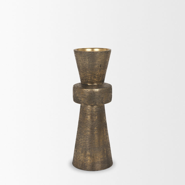 Odilia Large Textured Antiqued Gold Metal Geometric Pillar Candle Holder Decor Mercana