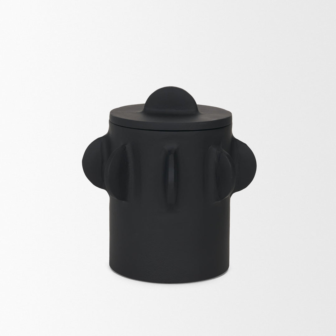 Deacon Small Matte Black Metal Canister with Sculptural Handles Decor Mercana