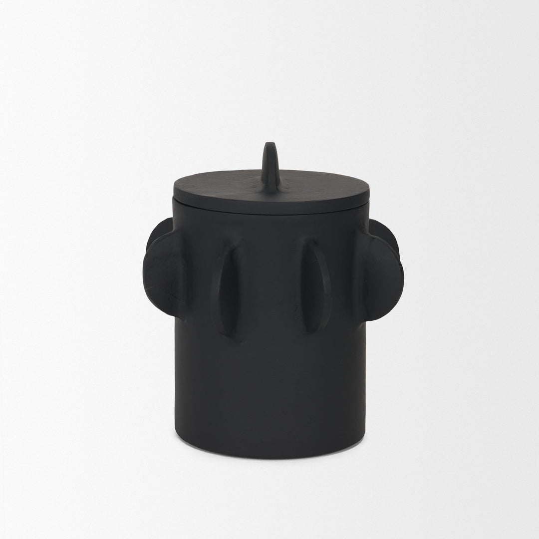 Deacon Small Matte Black Metal Canister with Sculptural Handles Decor Mercana