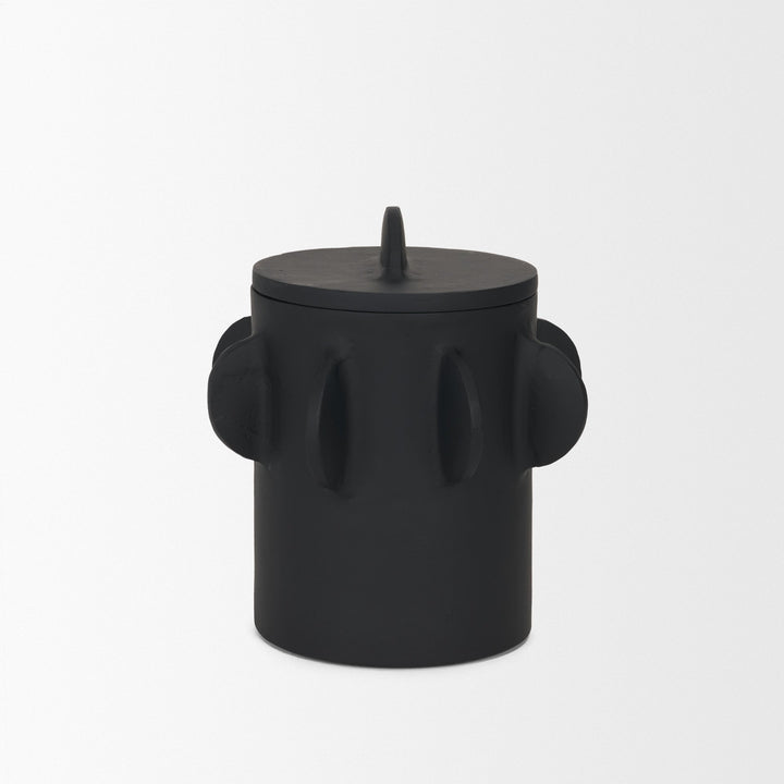 Deacon Small Matte Black Metal Canister with Sculptural Handles Decor Mercana