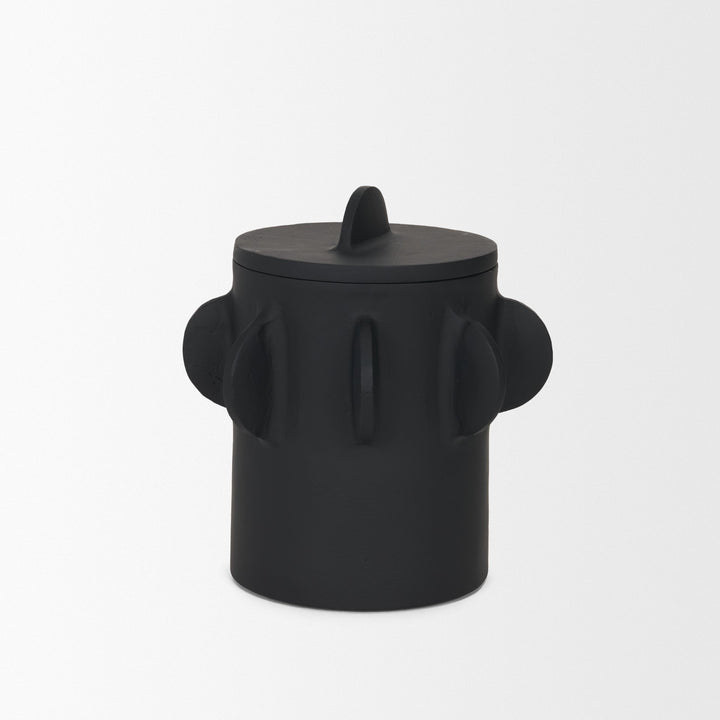 Deacon Small Matte Black Metal Canister with Sculptural Handles Decor Mercana