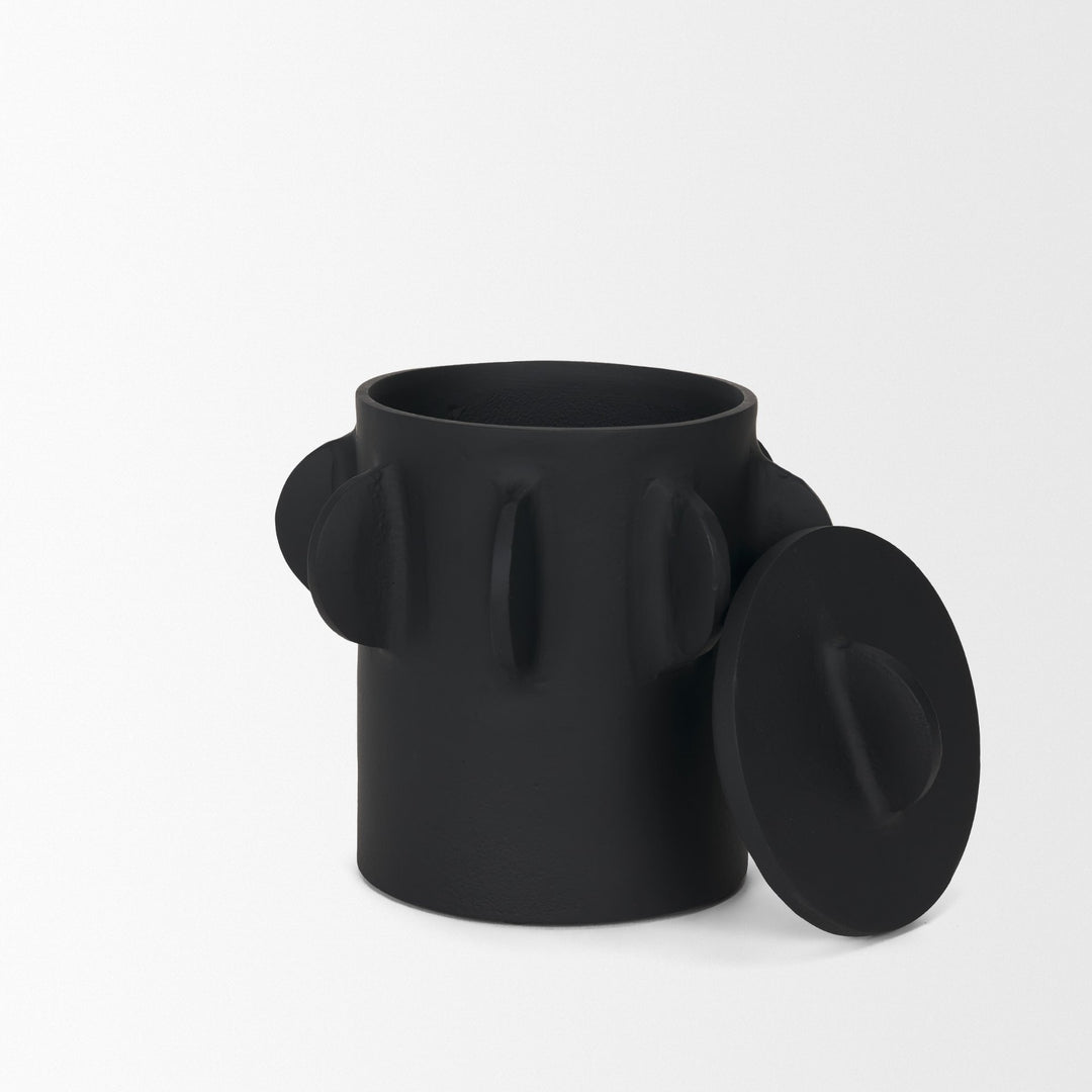 Deacon Small Matte Black Metal Canister with Sculptural Handles Decor Mercana