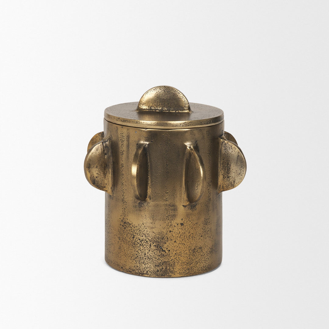 Deacon Small Antiqued Gold Metal Canister with Sculptural Handles Decor Mercana