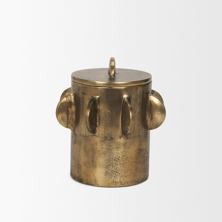Deacon Small Antiqued Gold Metal Canister with Sculptural Handles Decor Mercana