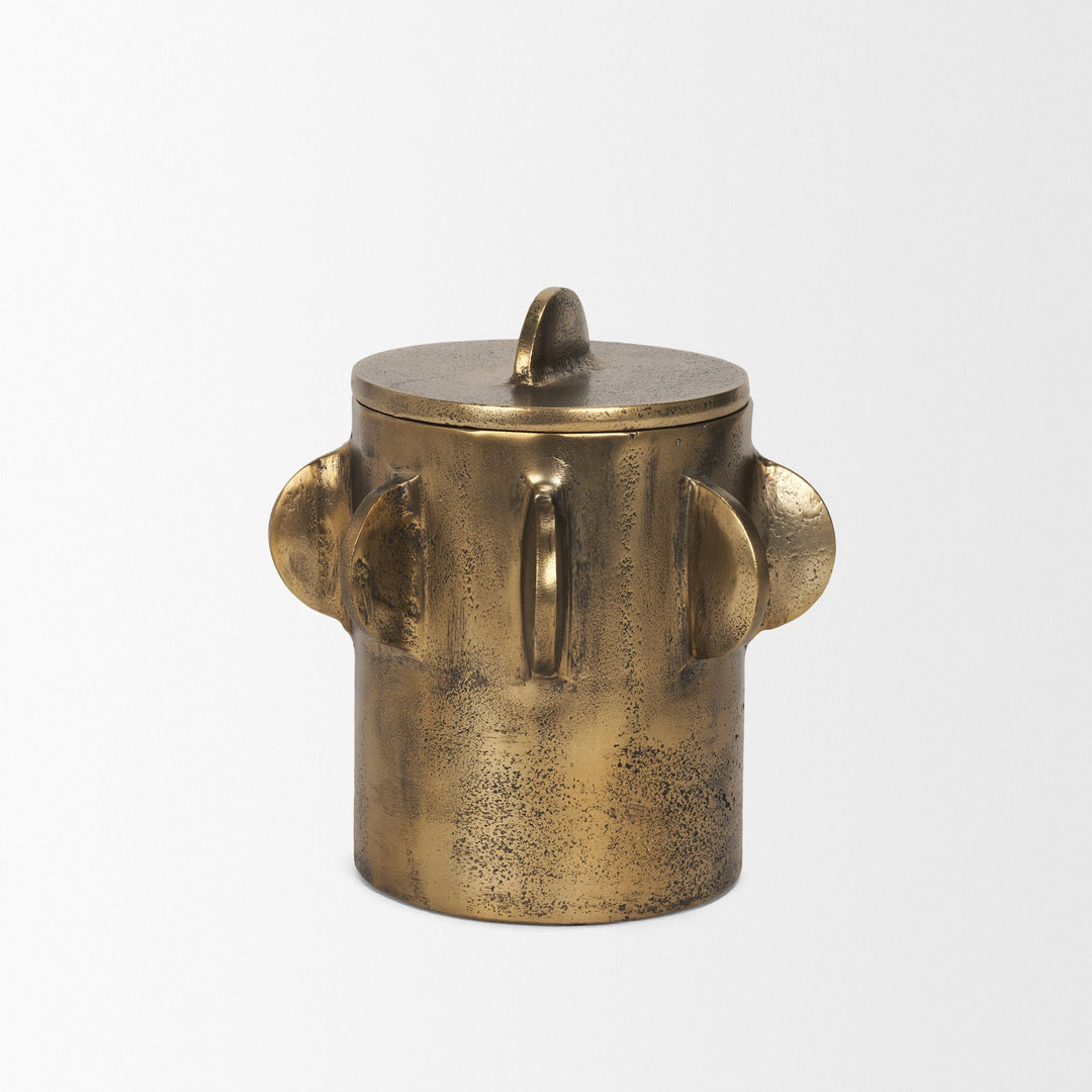 Deacon Small Antiqued Gold Metal Canister with Sculptural Handles Decor Mercana