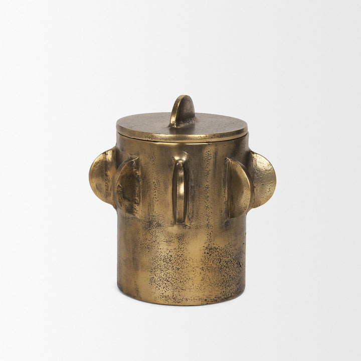 Deacon Small Antiqued Gold Metal Canister with Sculptural Handles Decor Mercana