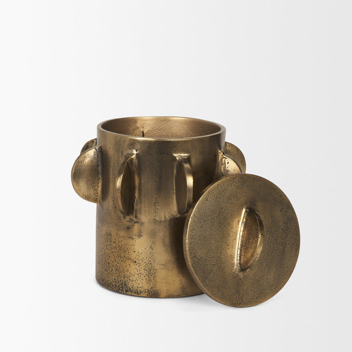 Deacon Small Antiqued Gold Metal Canister with Sculptural Handles Decor Mercana