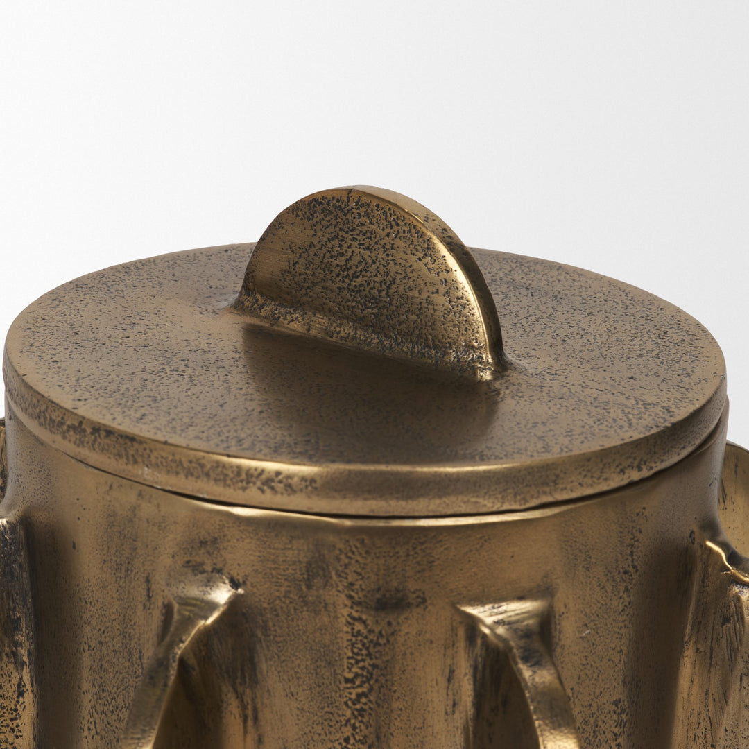 Deacon Small Antiqued Gold Metal Canister with Sculptural Handles Decor Mercana