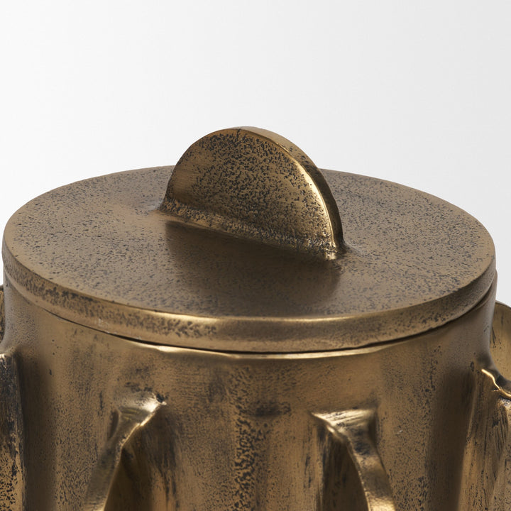 Deacon Small Antiqued Gold Metal Canister with Sculptural Handles Decor Mercana