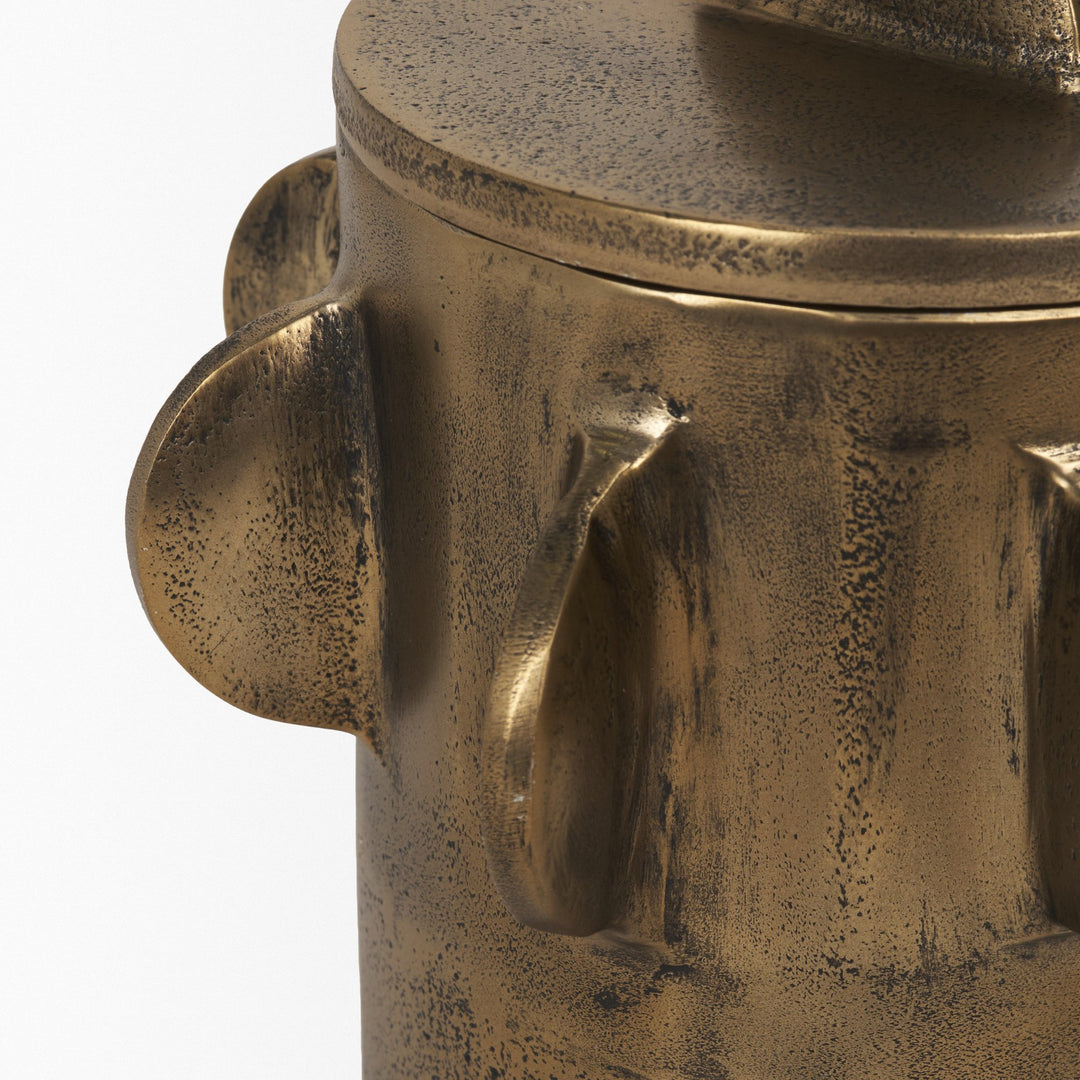 Deacon Small Antiqued Gold Metal Canister with Sculptural Handles Decor Mercana
