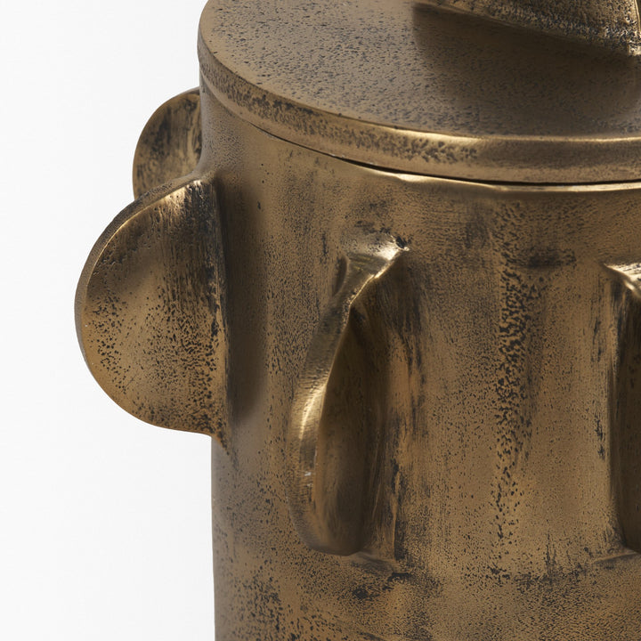 Deacon Small Antiqued Gold Metal Canister with Sculptural Handles Decor Mercana
